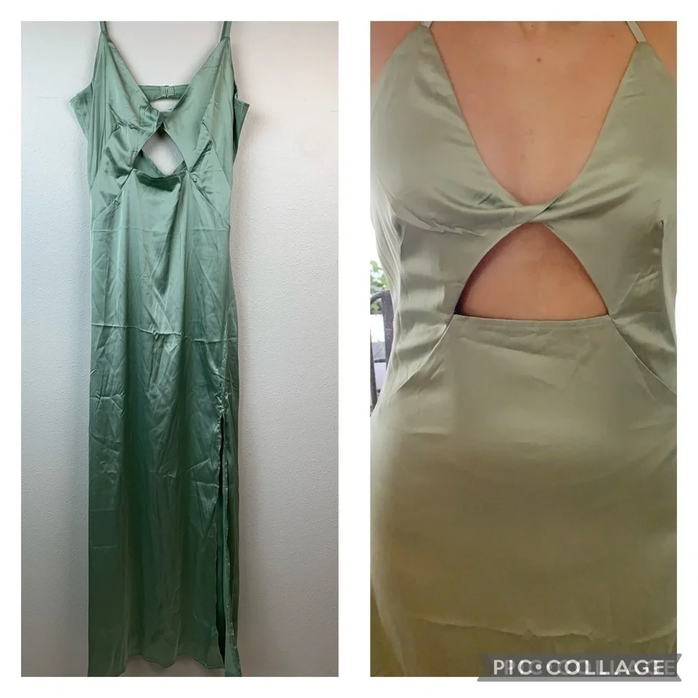 NWT Olive, mossy maxi slip dress, spaghetti strap deep V Neck thigh slit hem - Picture 3 of 12